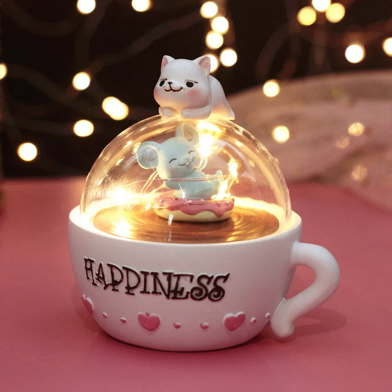 Творческий котенок Звезда Ночной Светильник милый кот чашка ночник с рисунком животных смолы светильник Украшения в спальню для дня рождения, Рождества, для маленьких девочек Подарки - Испускаемый цвет: white