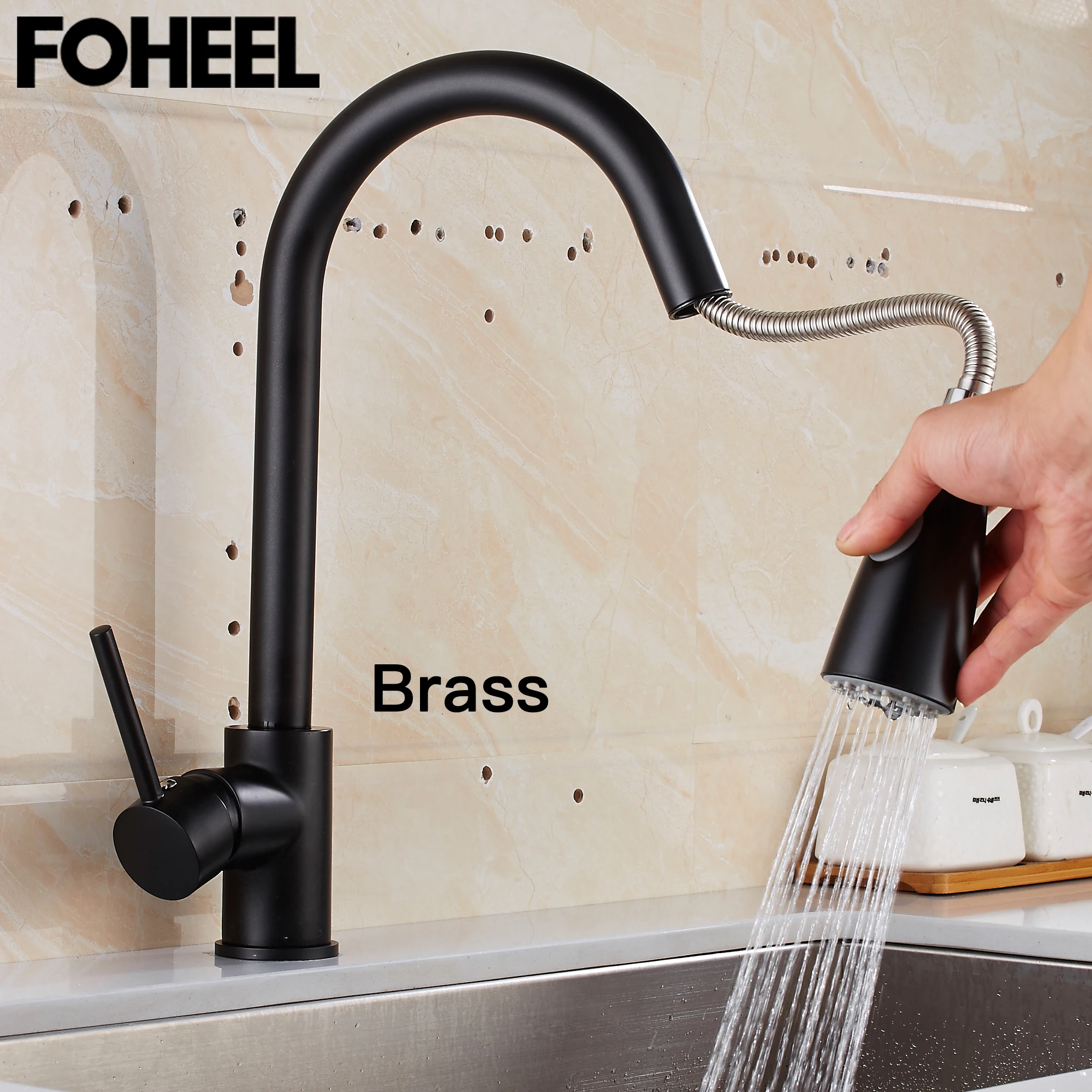 FOHEEL Pull Out Kitchen Schwarz Küche Armaturen Einzigen Griff Tap Einzel Loch Griff Swivel 360 Grad Wasser Mischbatterie tippen FOHEEL Pull Out Kitchen Schwarz Küche Armaturen Einzigen Griff Tap Einzel Loch Griff Swivel 360 Grad Wasser Mischbatterie tippen