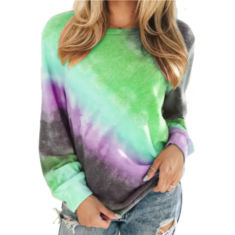 Tie Dye градиентный цвет блок женская футболка с круглым вырезом с длинным рукавом футболки Повседневная Harajuku Винтажная Футболка женская зимняя одежда Vogue - Цвет: Зеленый