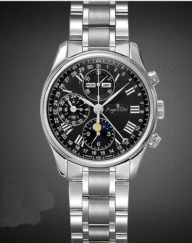 Silver Black Роскошные брендовые новые мужские часы из нержавеющей стали с сапфировым стеклом, автоматические механические коричневые кожаные часы с датой и календарем, фазой Луны, AAA - Цвет: Silver Black
