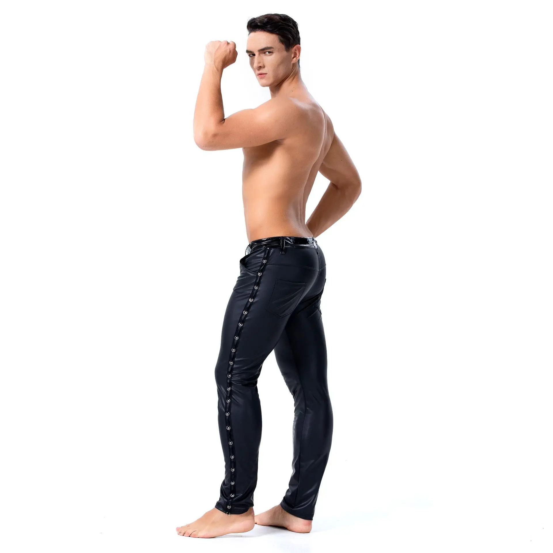 Размеры s m l xl XXL Для мужчин из искусственной кожи Готический брюки черные пикантные туфли с заклепками, стрейчевое обтягивающее брюк размеры s и m RU со средней талией, длинные штаны