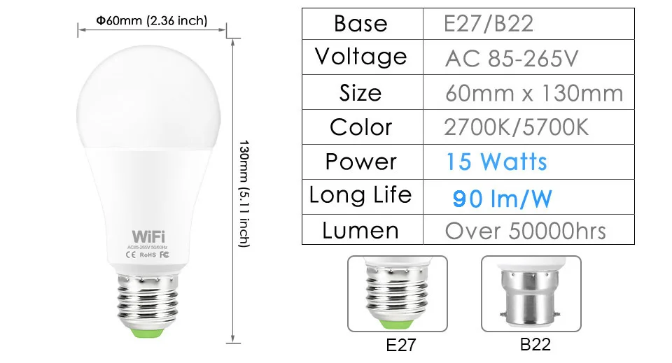 15 Вт WiFi умный светильник с регулируемой яркостью светодиодный E27 B22 WiFi лампа накаливания совместима с Amazon Alexa Google Home пульт дистанционного управления со смартфона