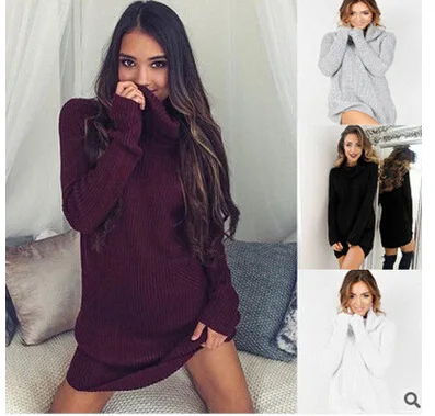 EBay-стиль,, осенне-зимнее платье-свитер с высоким воротником и длинными рукавами, высокое качество