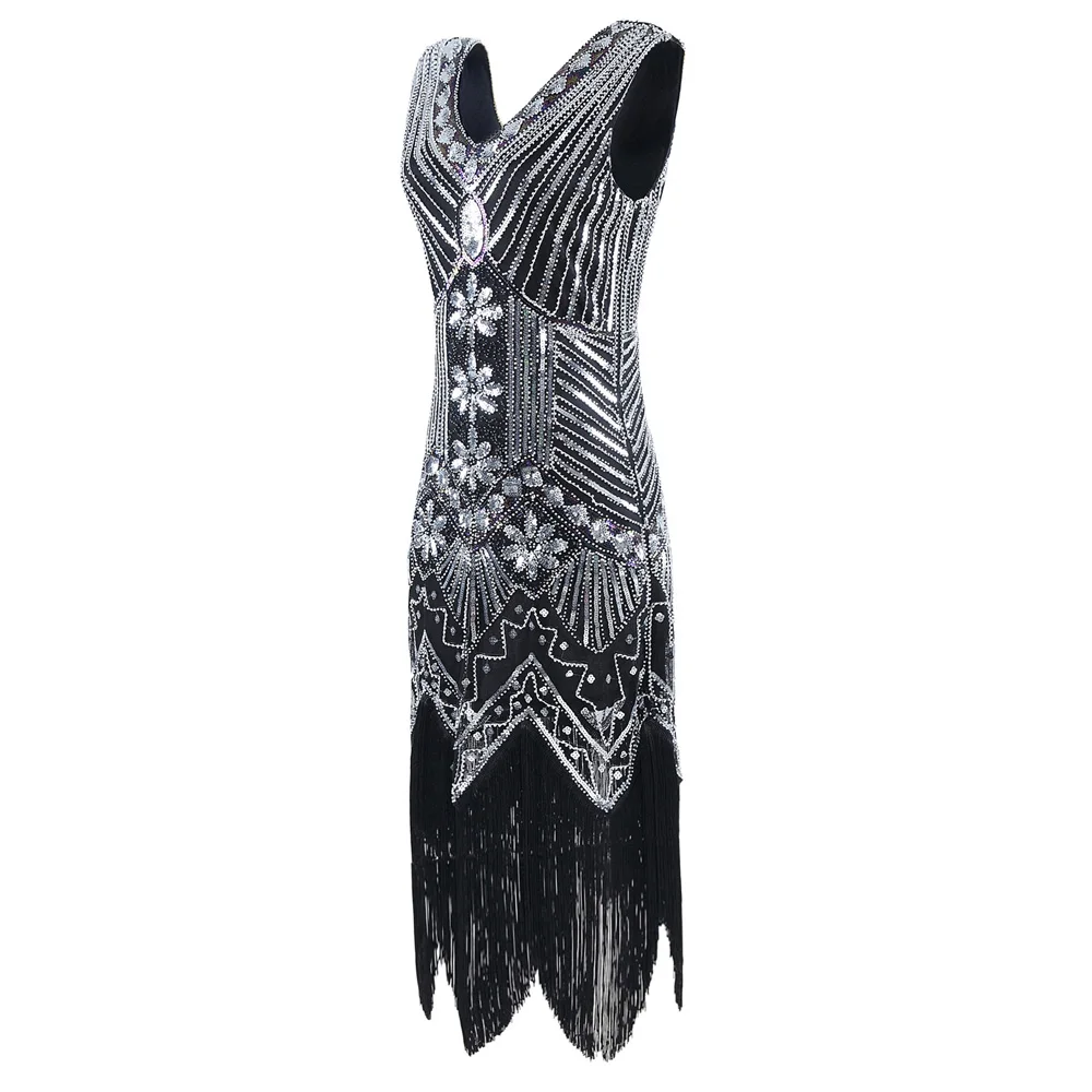 

Women Great Gatsby Dress Sexy V Neck 1920s Flapper Costume Shiny Vintage Party Sequined Tassels Flapper Dress Vestidos Feminina
