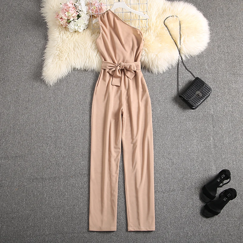 ALPHALMODA Oblique Shoulder Outfit Sashes Solid Color Slim Fit Ladies Elegant Party Jumpsuit Summer Fashion Rompers ALPHALMODA Oblique Shoulder Outfit Sashes Solid Color Slim Fit Ladies Elegant Party Jumpsuit Summer Fashion Rompers