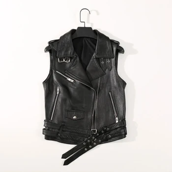 

2020 Genuine Leather Waistcoat Spring Women Motorcycle Rock Zippers Vest Black Ladies Belt Punk Leather Pockets