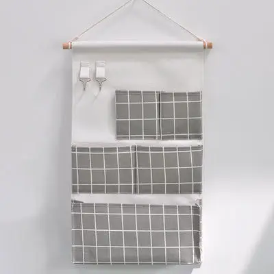 5 Pockets Cotton Linen Fabric Wall Door Hanging Bag Organizer Storage Pouches Wardrobe Closet Storage Bag Sundries Pouches gray