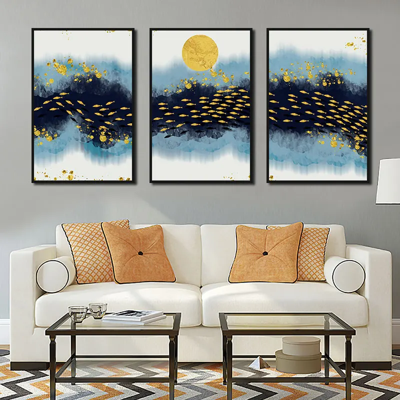 

Abstract Wall Art Watercolor Paintings Gold Fishes Sun Nordic Canvas Posters Prints for Living Room Bedroom Corridor Decoration