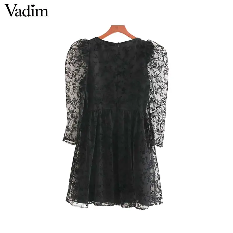 Vadim женское винтажное Сетчатое Дизайнерское черное мини-платье с длинным пышным рукавом на молнии сзади женские повседневные платья трапециевидной формы vestidos QC829