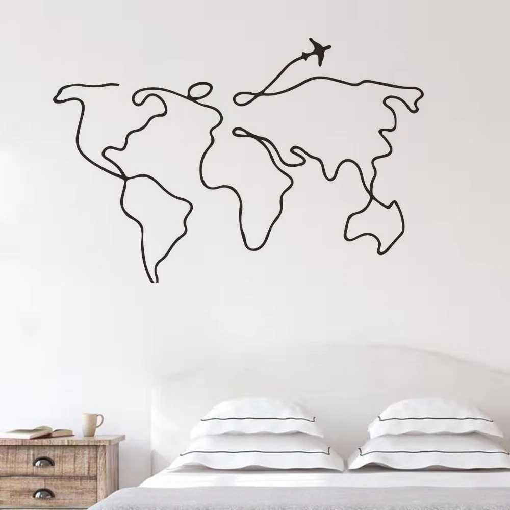 Simple Line Travel World Map Wall Sticker For Bedroom Decorative Removable Vinyl Decal Creative Home Decor mural New Design | Дом и сад