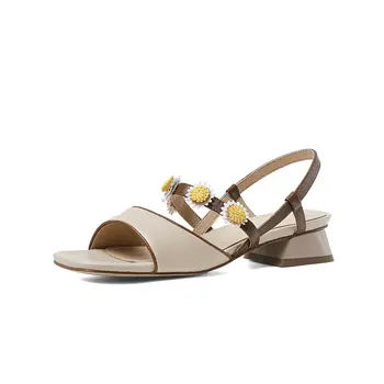 

Brand Sandals Open Toe Square Heel Cow Leather Sexy Lady Sandals Buckle Strap Dress Summer Shoes Woman