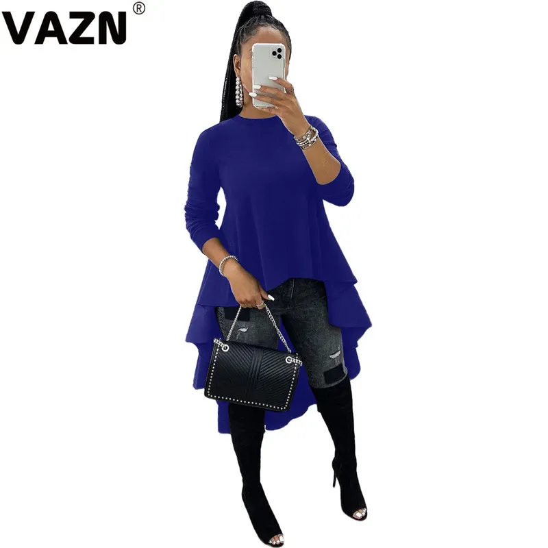 VAZN, хит, асимметричная плиссированная однотонная Новинка, женская мода, элегантная, Повседневная Длинная футболка с круглым вырезом, полный рукав, женская футболка - Цвет: Синий