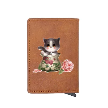 

Cat in Vase Design Digital Printing Brown Card Holder Wallet Men Women Charm Pu Leather Short Purse Gift