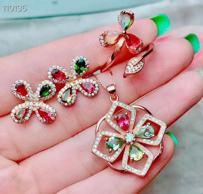 Real Natural Tourmaline jewelry set 925 sterling silver 1pc pendant ring 2pcs Earring | Украшения и аксессуары