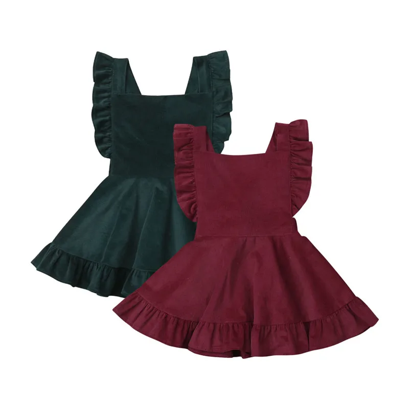 

Toddler Girls Corduroy Princess Dress Kids Baby Ruffles Backless Bandage Party Wedding Pageant Dresses Wine Red Autumn