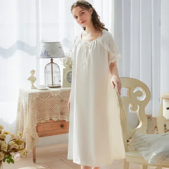 

Lace Night Dress Women Short Sleeve 2020 Summer Dress Cotton Vintage Nightgowns Princess Style Sleepwear Homewear Night Gown