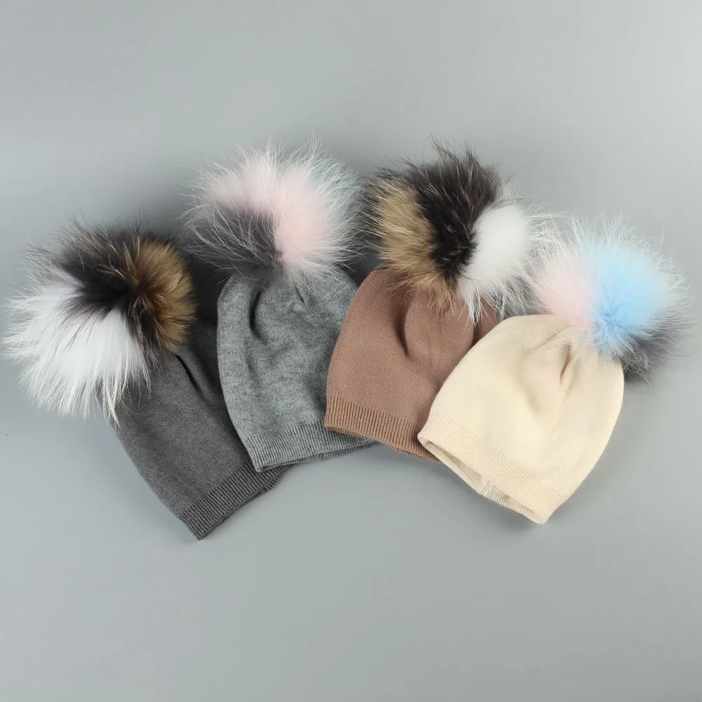 Осенне-зимняя шерстяная шапка Skullies Beanies с енотовым настоящим помпоном для новорожденных, мешковатая шапка для маленьких девочек и мальчиков, шапочка