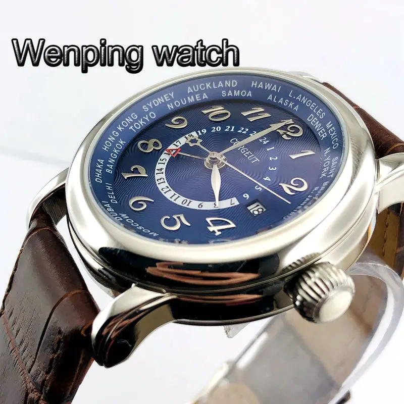 

43mm corgeut big pilot GMT blue dial date brown leather Automatic mens mechanical top luxury watch