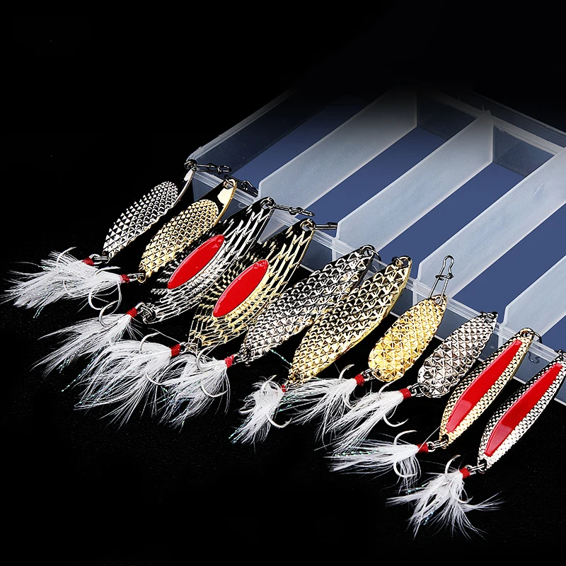 Best Price 10pcs Marine Fishing Bionic Sequin Bait Hard Spoon Bass Metal with Feather Tweeter Hook for Pike | Спорт и развлечения
