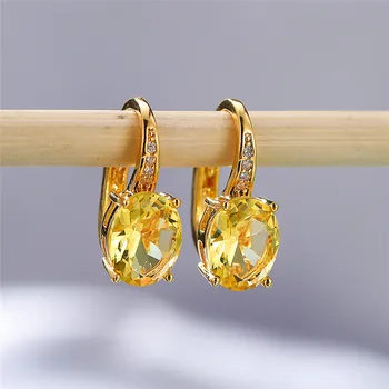

Luxury Female Yellow Gold Zirconia Earrings Korean Dainty Small Clip Earrings For Women Oval Crystal Stone Wedding Earrings