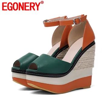 

EGONERY cool woman wedge pumps 14cm high heels women's shoes 2020 summer fashion red green sexy party peep toe platform shoes