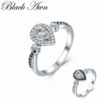 

[BLACK AWN] Vintage 2.3g 925 Sterling Silver Fine Jewelry Bague Water Drop Black Spinel Engagement Rings for Women Bijoux C484