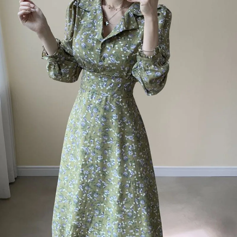 Chic Elegant Bohemian Floral Printed Dress Women 2020 Spring Puff Long Sleeve Office Chiffon Dress Korean Lady Dresses Vestido