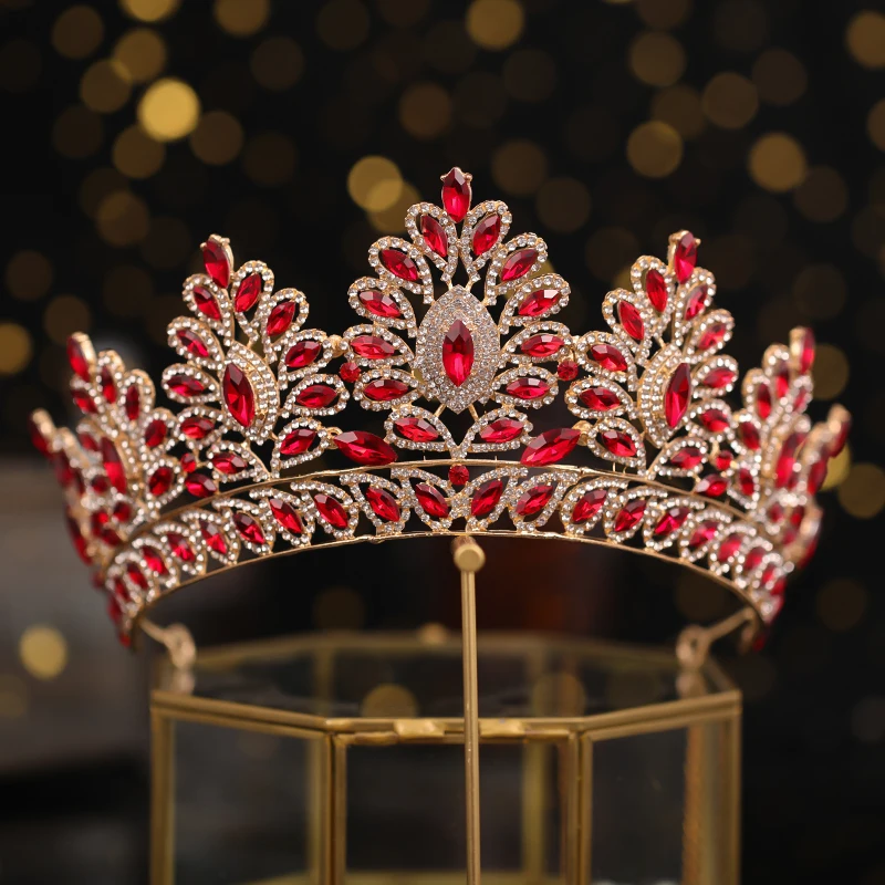 Bridal crown grand crown wedding handmade hair ornament golden Rhinestone female red crystal gem headdress bridal headdress