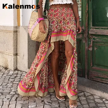 

KALENMOS Boho Print Long Skirts Women Bottoms Elastic Waist Gypsy Ethnic Female Beach Spring Summer Plus Size Skirt Streetwear
