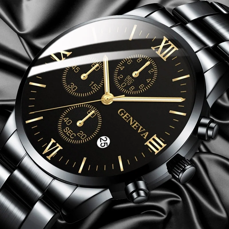 GENEVA-Reloj de pulsera de cuarzo para hombre, cronógrafo de negocios, de acero inoxidable, con calendario, masculino