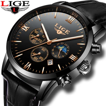

LIGE New Moon Phase Mens Watches Top Brand Luxury Automatic Date Watch Men Leather band Quartz Clock For Male relogio masculino