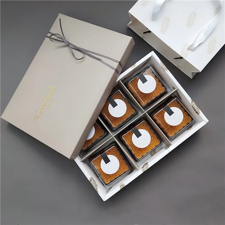 100 x Upscale Stamping Egg-Yolk Gift Box New Gray Good Luck Moon Cake Nougat Boxes Holder With Feather Handmade Bag