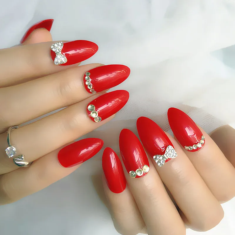 Custom Red French Sequins Stiletto False Nails Tips Deisgner Fake Nails With Transparent Rhinestones Bowknot Decoration 24pcs False Nails Aliexpress