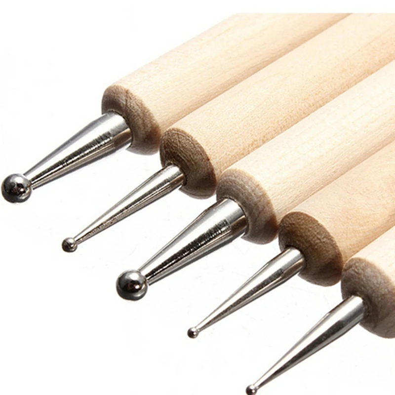5Pcs Art Dot Dotting Tools for Nail Design Manicure Rhinestone Picker 2 Way Wooden Pen Marbleizing Tool | Красота и здоровье