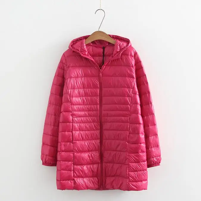 Rose Red S~ 7XL осенне-зимняя женская белая куртка на утином пуху, тонкая парка, Дамское пальто, длинное пальто с капюшоном, плюс размер, ультра легкая пуховая верхняя одежда SF1340 - Цвет: Rose Red