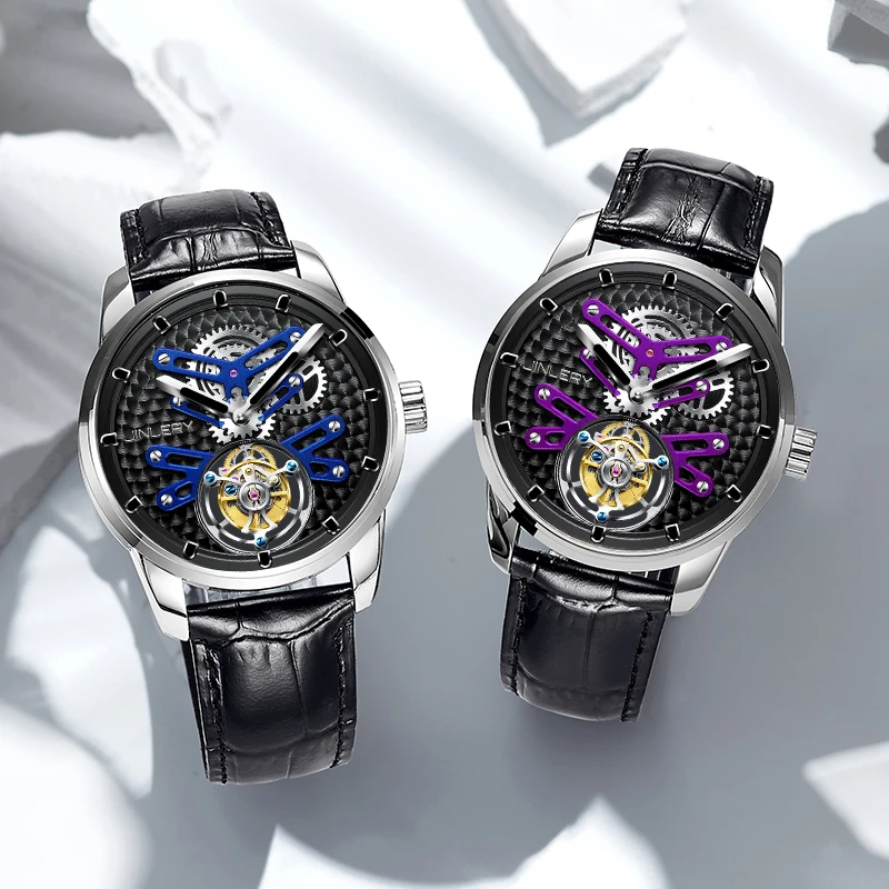 JINLERY Stent Tourbillon Watch Hand Wind Watch Special Skeleton Mechanical Luxury Watches Leather 2021 New relógio masculino