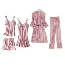 Сексуальный женский халат, 5 шт., костюм-двойка, шелковистая Домашняя одежда, ночная рубашка, одежда для сна с поясом, повседневный топ на бретелях и шорты