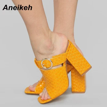 

Aneikeh Summer Slides Open Toe Sandals Women Mule Slides PU Metal Decoration Cut Out Hollow Stilettos High Heels Casual Shoes
