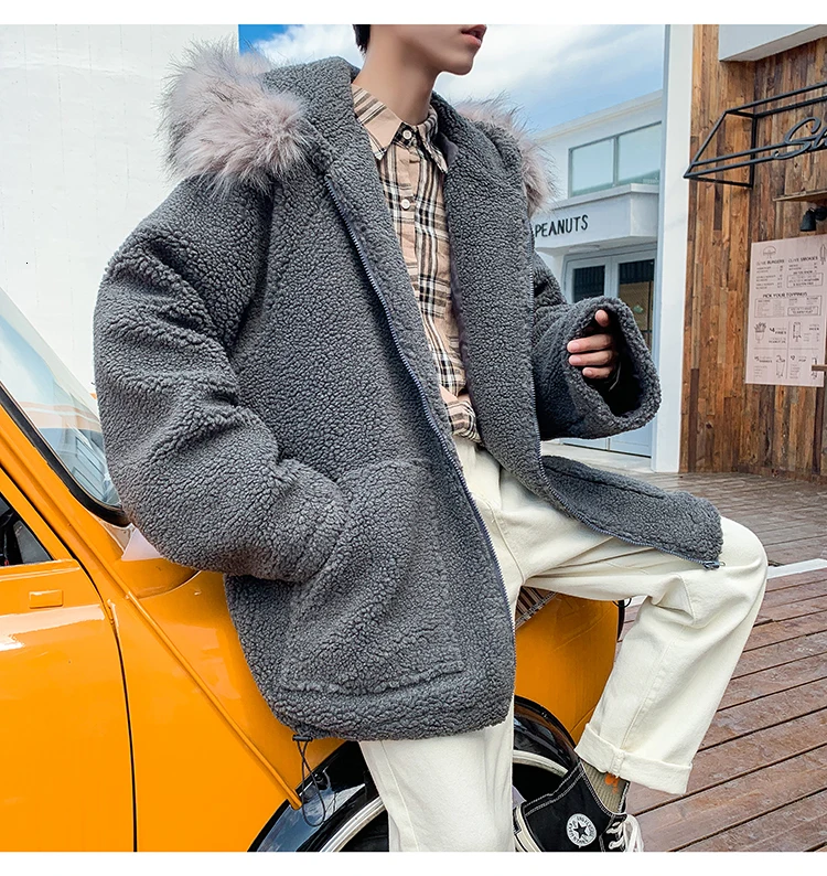 Winter Lamb Hair Jacket Men Warm Thick Parka Men Fashion Solid Color Fur Collar Hooded Coat Man Streetwear Loose Cotton Clothes