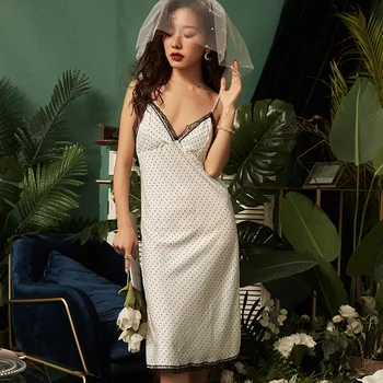 

Pajamas Women's Summer Viscose Nightgown Long Skirts Thin Polka Dot Lace Ribbon Chest Pad Sexy Home Wear