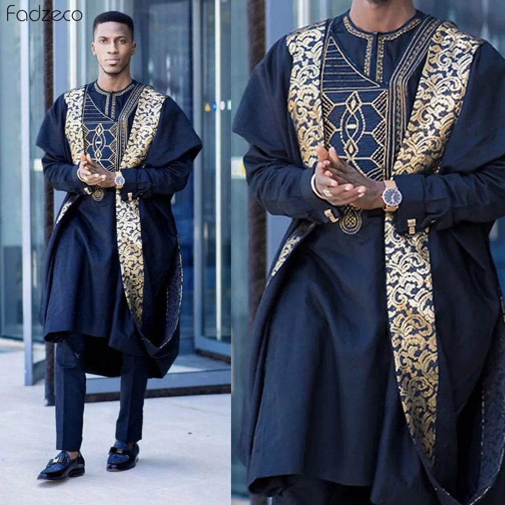 Fadzeco Agbada Мужская африканская 3 шт размера плюс Дашики вышивка бубоус топы короткие и брюки Мужская одежда халат Базен костюмы