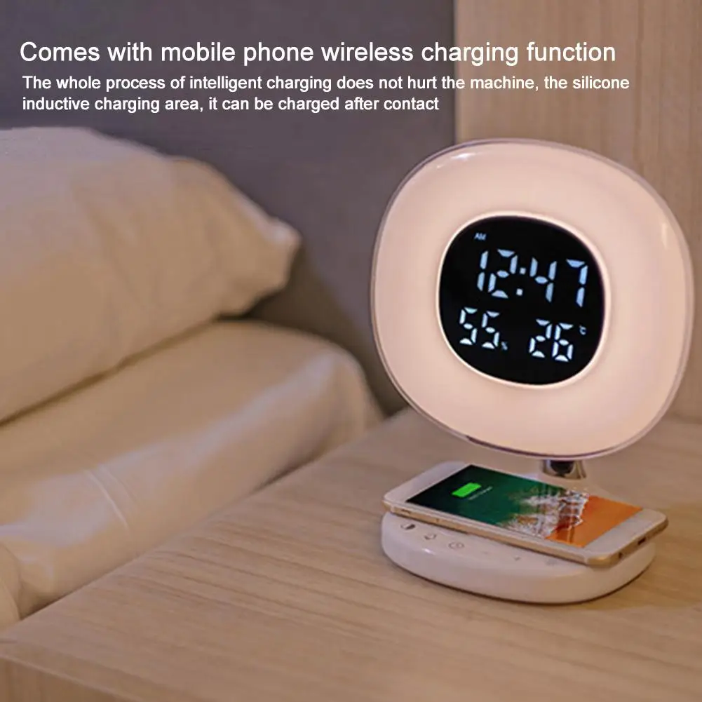 

Table Night Light LED Wake-Up Alarm Clock Smart Phone Wireless Charging Light LED Simulation Colorful Bedside Lamp EU Plug