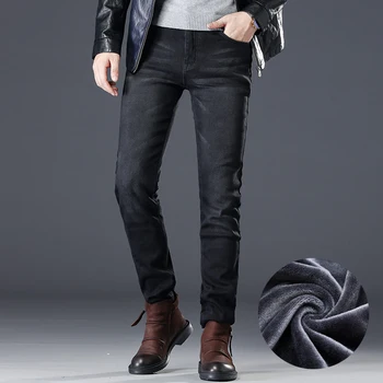 

Fashion Classical Men Jeans High Quality Black Gray Slim Fit Winter Warm Jeans Men Elastic Casual Business Thick Velvet Pants