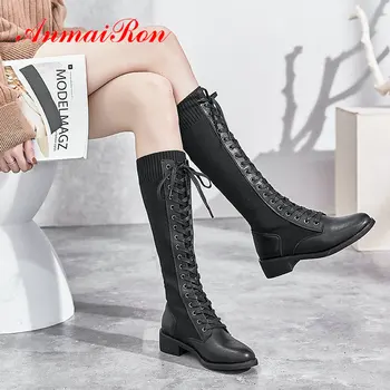 

ANMAIRON 2020 Stretch Fabric Genuine Leather Mid-Calf Winter Boots Basic Lace-Up Round Toe Women Shoes Square Heel Shoes 34-39