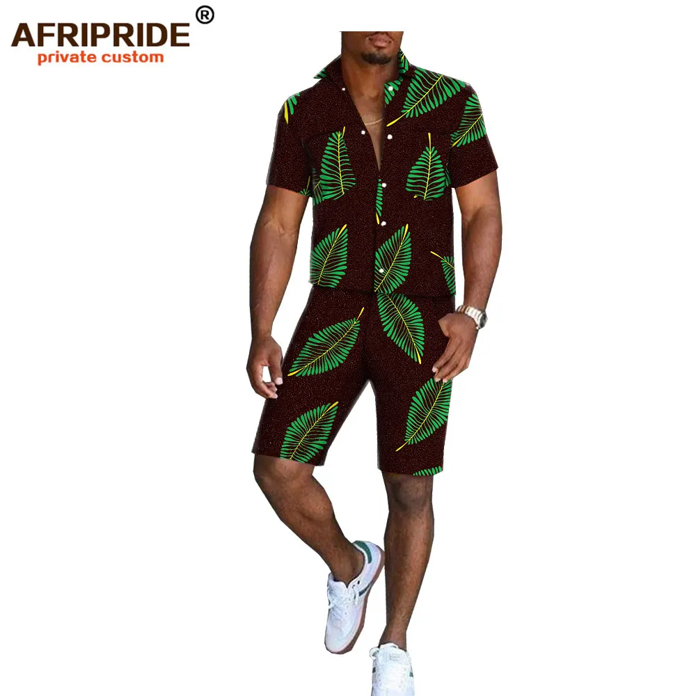 Африканский принт, летние шорты, набор для мужчин, AFRIPRIDE, короткий рукав, однобортный Топ+ шорты до колен, повседневный комплект A1816006
