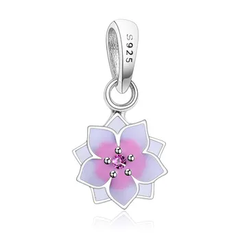 

2018 Spring Pink Enamel Magnolia Bloom Hanging Charms 925 Sterling Silver CZ Flower Bead Fit Fine Charm Bracelet DIY Berloque