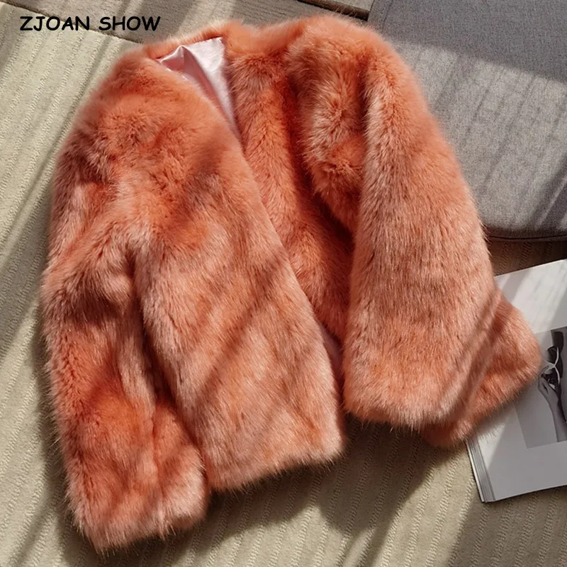 

Keep warm Women Winter Orange V Neck Hairy Shaggy Faux Fox Fur Jackets Vintage Long sleeve Furry Faux Fur Coat Loose Outerwear