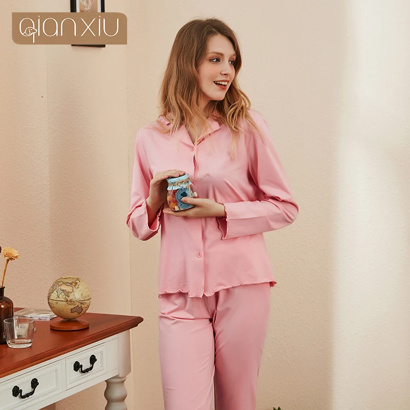 Autumn New Ladies'Cotton Open-lapel Long Sleeve Sleepwear Suit