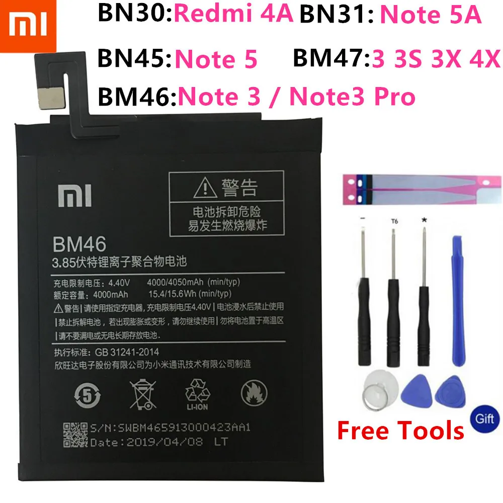 

Xiao Mi Original Battery For Xiaomi Redmi 3 3S 3X 4X 3 pro Note 3 5 5A 4A Pro Mi 5X BM46 BM47 BN30 BN31 BN45 Replacement Battery