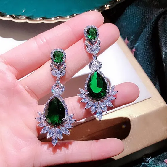 Green RAKOL Роскошные AAA кубический циркон розовое золото цвет капли воды Кристалл большие длинные висячие серьги для невест для женщин Свадебные украшения RE021 - Окраска металла: Green